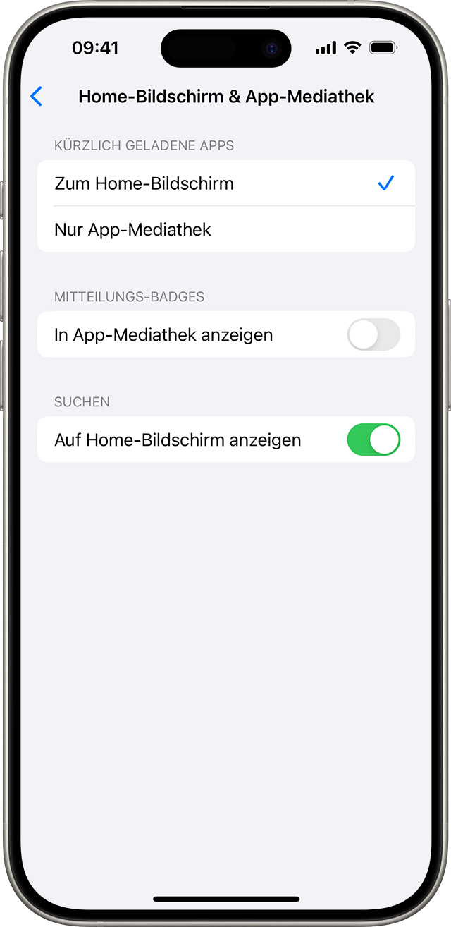 Unter „Einstellungen“ > „Home-Bildschirm & App-Mediathek“ kannst du festlegen, ob neue Apps automatisch auf dem Home-Bildschirm angezeigt werden sollen.