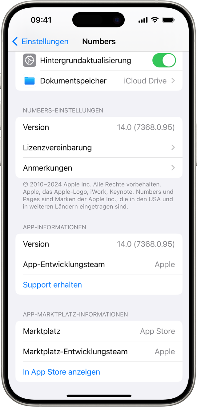 Einstellungen-Bildschirm zu einer auf dem iPhone installierten App, auf dem der Name des Marktplatzes, über den sie installiert wurde, und ein Link zu „Support erhalten“ angezeigt wird.