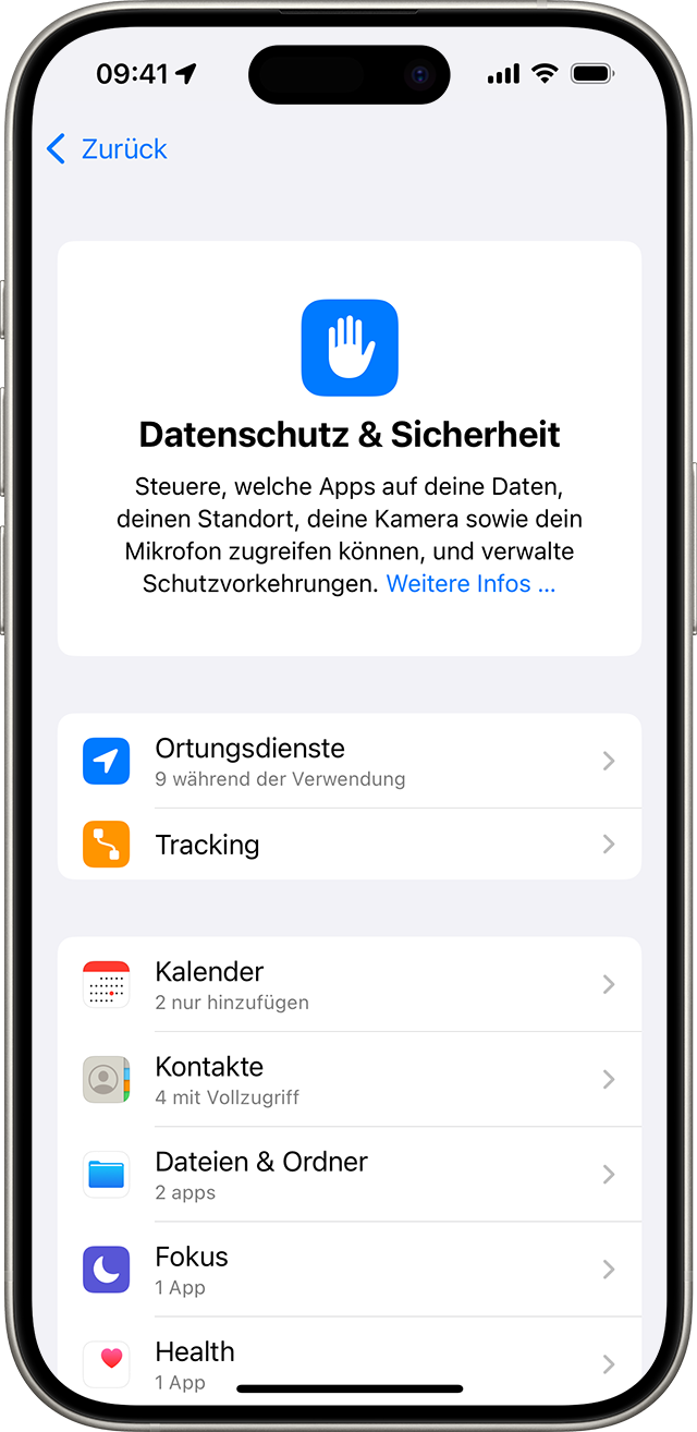 Bildschirm „Einstellungen für Datenschutz & Sicherheit“ auf dem iPhone