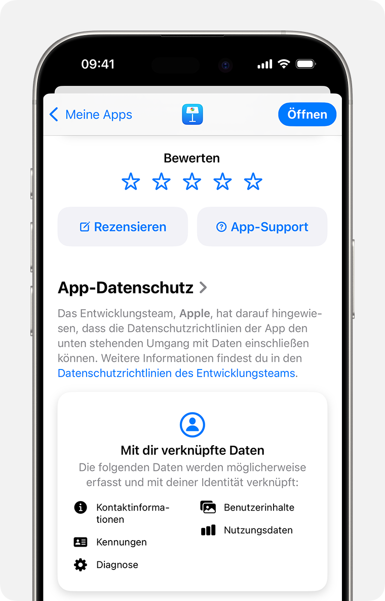 Auf einem iPhone wird die App-Beschreibungsseite für Keynote angezeigt. Oben sind fünf Sterne zu sehen, mit denen die App bewertet werden kann, sowie eine Taste zum Verfassen einer Rezension und eine Taste für den App-Support.