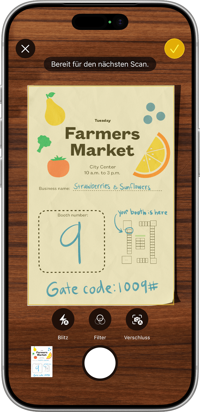 In der Notizen-App kannst du Dokumente automatisch scannen oder nachdem du angepasst hast, was im Scan enthalten sein soll.