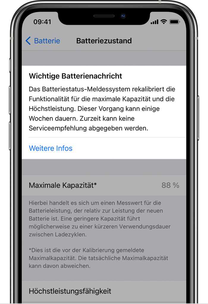 Ein iPhone, auf dem die wichtige Batteriemeldung für das Batteriestatus-Meldesystem angezeigt wird