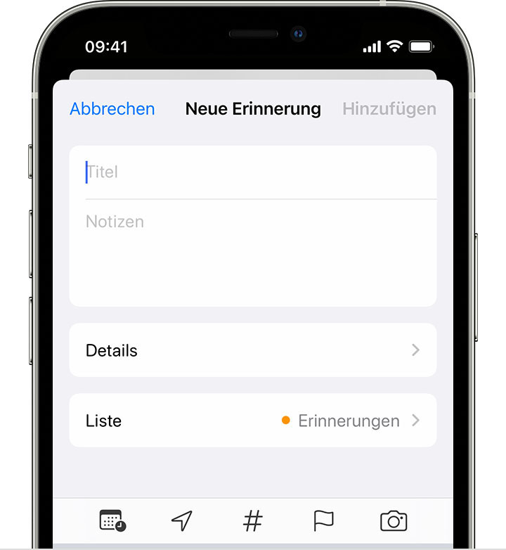 Ein iPhone mit dem Bildschirm „Neue Erinnerung“, auf dem du einen Titel, Notizen und andere Details hinzufügen kannst, um eine Erinnerung zu erstellen.