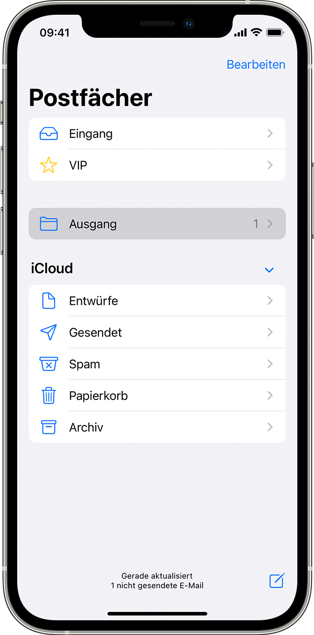Die Seite „Postfächer“ in iOS