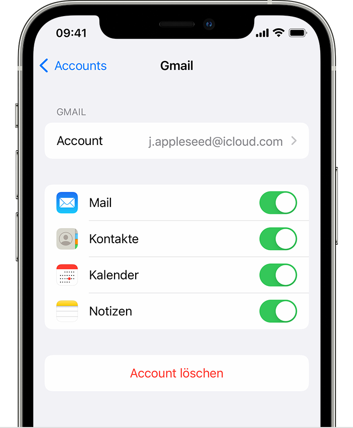 Ein iPhone mit den Einstellungen für einen verbundenen Gmail-Account unter „Einstellungen“ > „Mail“ > „Accounts“ > „Gmail“.