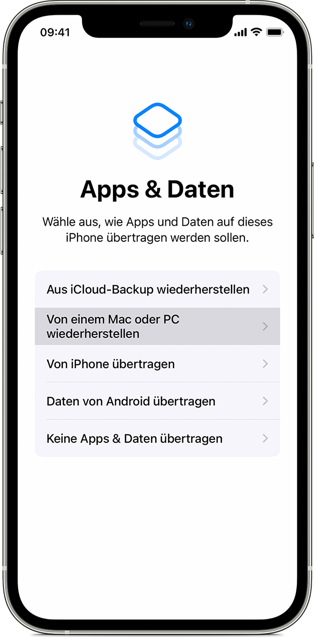 iPhone mit dem Bildschirm "Apps & Daten" und der ausgewählten Option "Von einem Mac oder PC wiederherstellen".