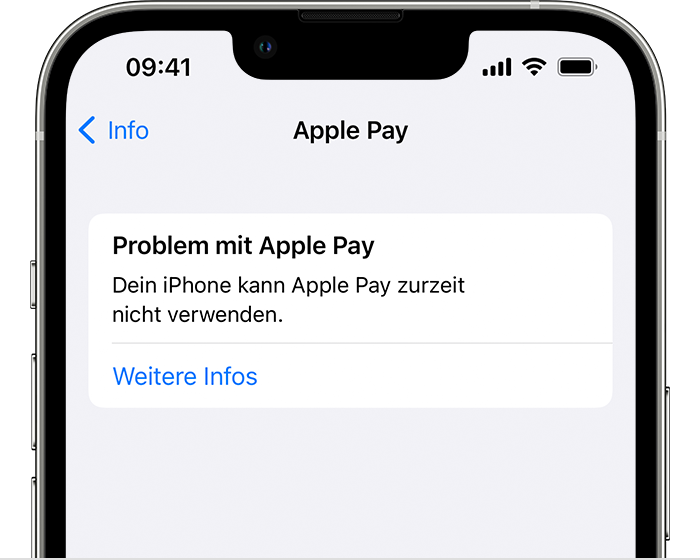 Auf einem iPhone informiert die Fehlermeldung „Apple Pay-Problem“ den:die Nutzer:in darüber, dass das iPhone Apple Pay nicht verwenden kann.