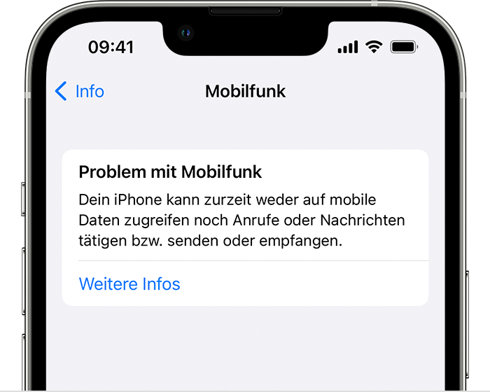 Auf einem iPhone informiert die Fehlermeldung „Mobilfunkproblem“ den:die Nutzer:in darüber, dass das iPhone nicht auf die mobile Datenverbindung zugreifen, Anrufe tätigen oder Nachrichten senden und empfangen kann.