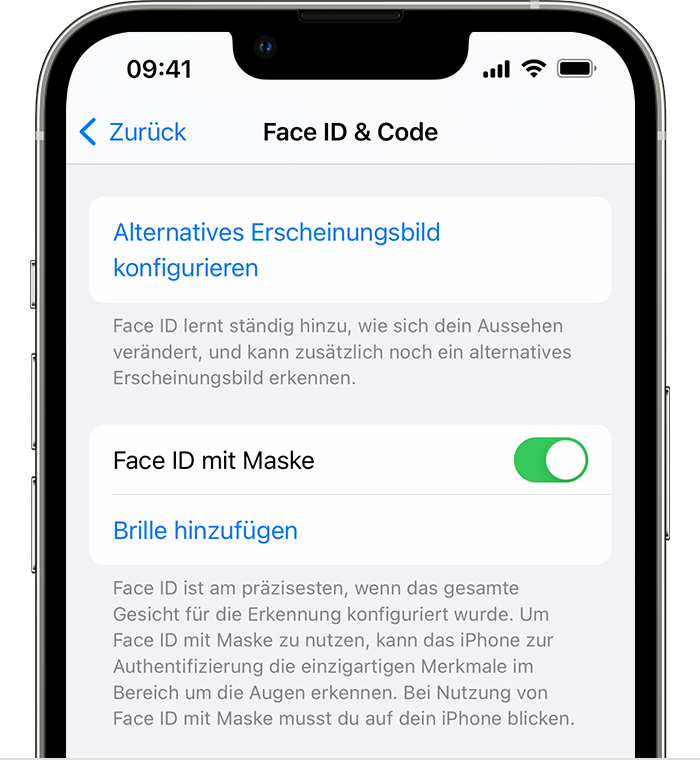 Wenn du iPhone 12 oder neuer und iOS 15.4 oder neuer verwendest, bietet die Seite „Face ID & Code“ in den Einstellungen eine Option zum Aktivieren von „Face ID mit Maske“.
