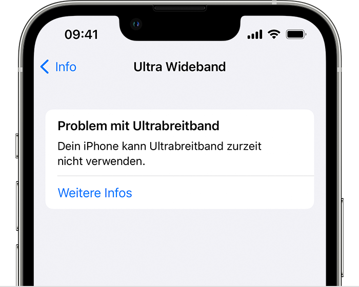 Auf einem iPhone informiert die Fehlermeldung „Ultrabreitbandproblem“ den:die Nutzer:in darüber, dass das iPhone Ultrabreitband nicht verwenden kann.