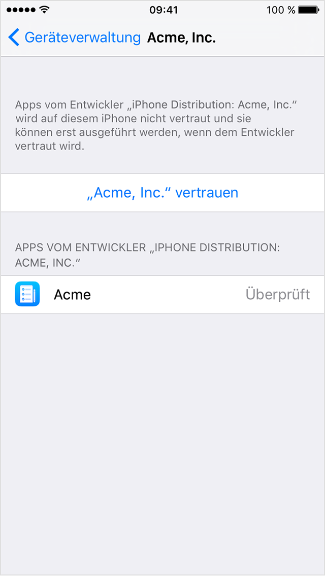 iPhone-Bildschirm mit der Aufforderung, einer Unternehmens-App zu vertrauen