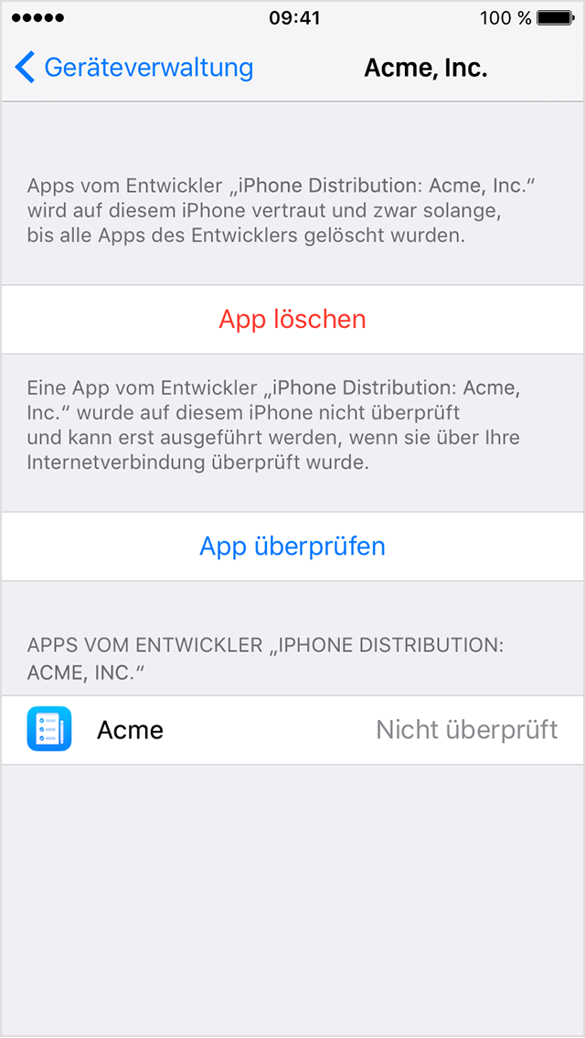 iPhone-Bildschirm mit der Aufforderung zur Bestätigung, dass eine Unternehmens-App vertrauenswürdig sein sollte