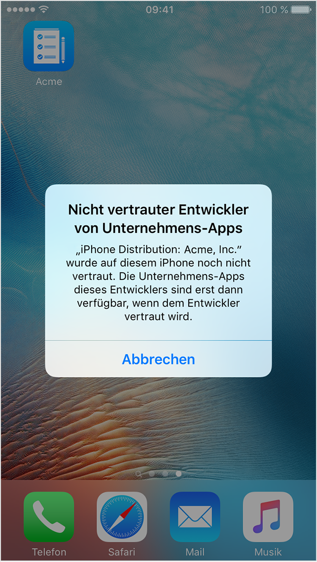  Nachricht „Entwicklungsteam von Unternehmens-Apps, dem nicht vertraut wird“ auf dem iPhone-Bildschirm