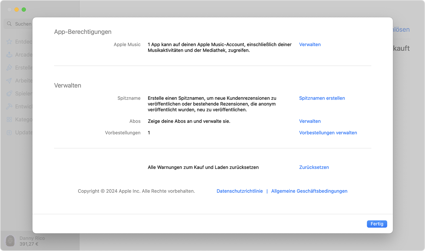 App Store auf dem Mac mit Vorbestellungen in den Account-Einstellungen