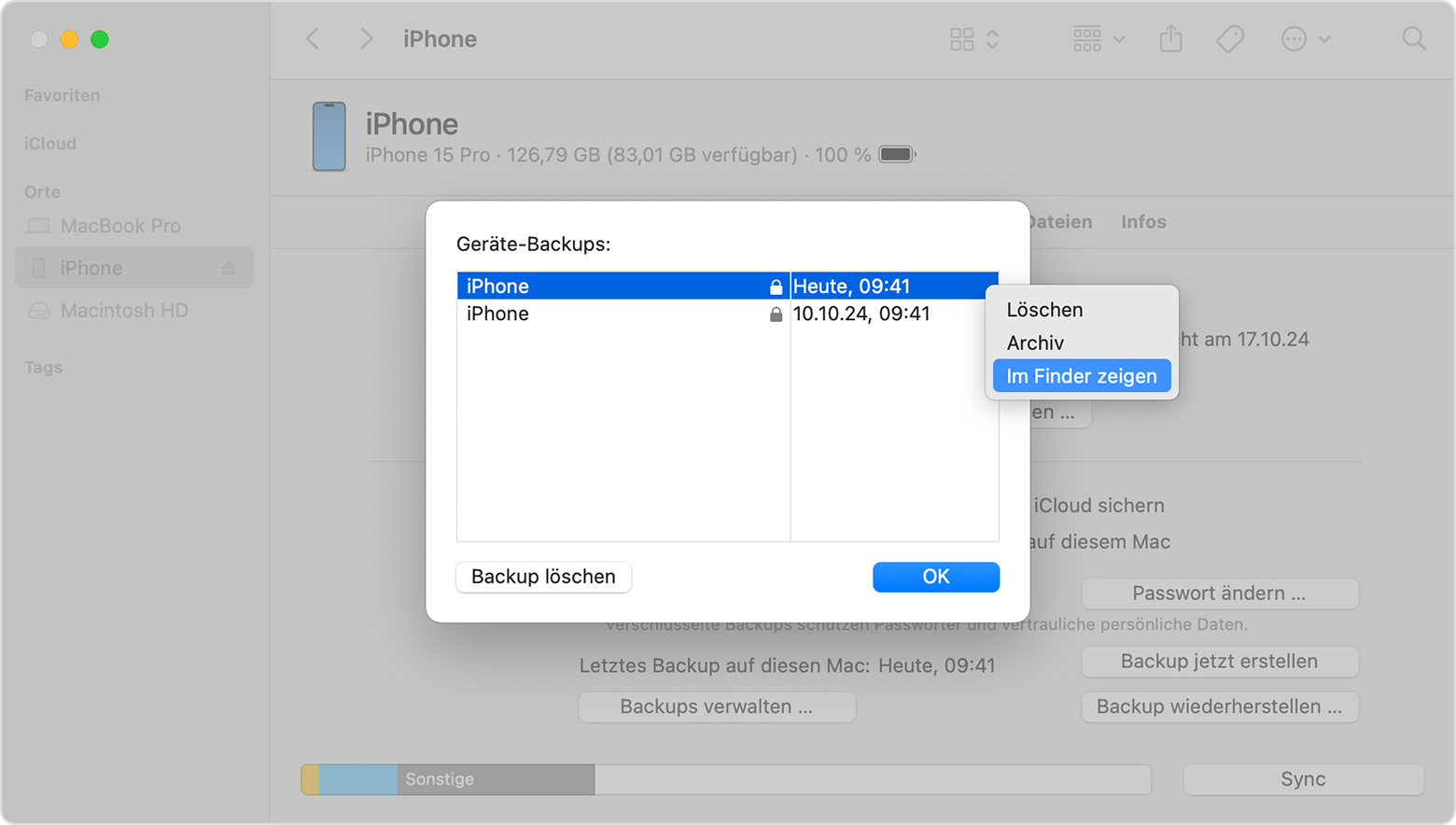 Das Finder-Fenster mit der ausgewählten Option „Im Finder anzeigen“