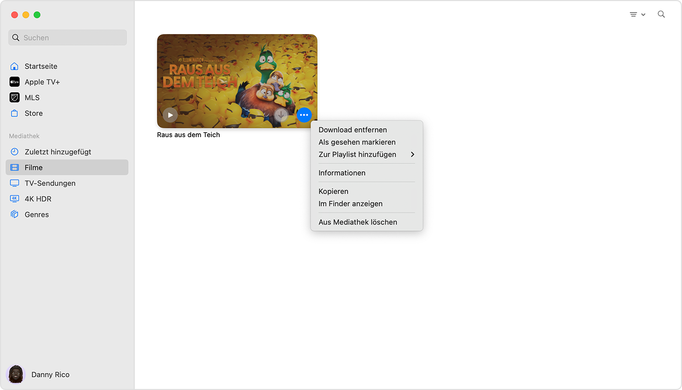 Apple TV App für Mac mit dem Menü der Taste „Mehr“ über einem gekauften Artikel