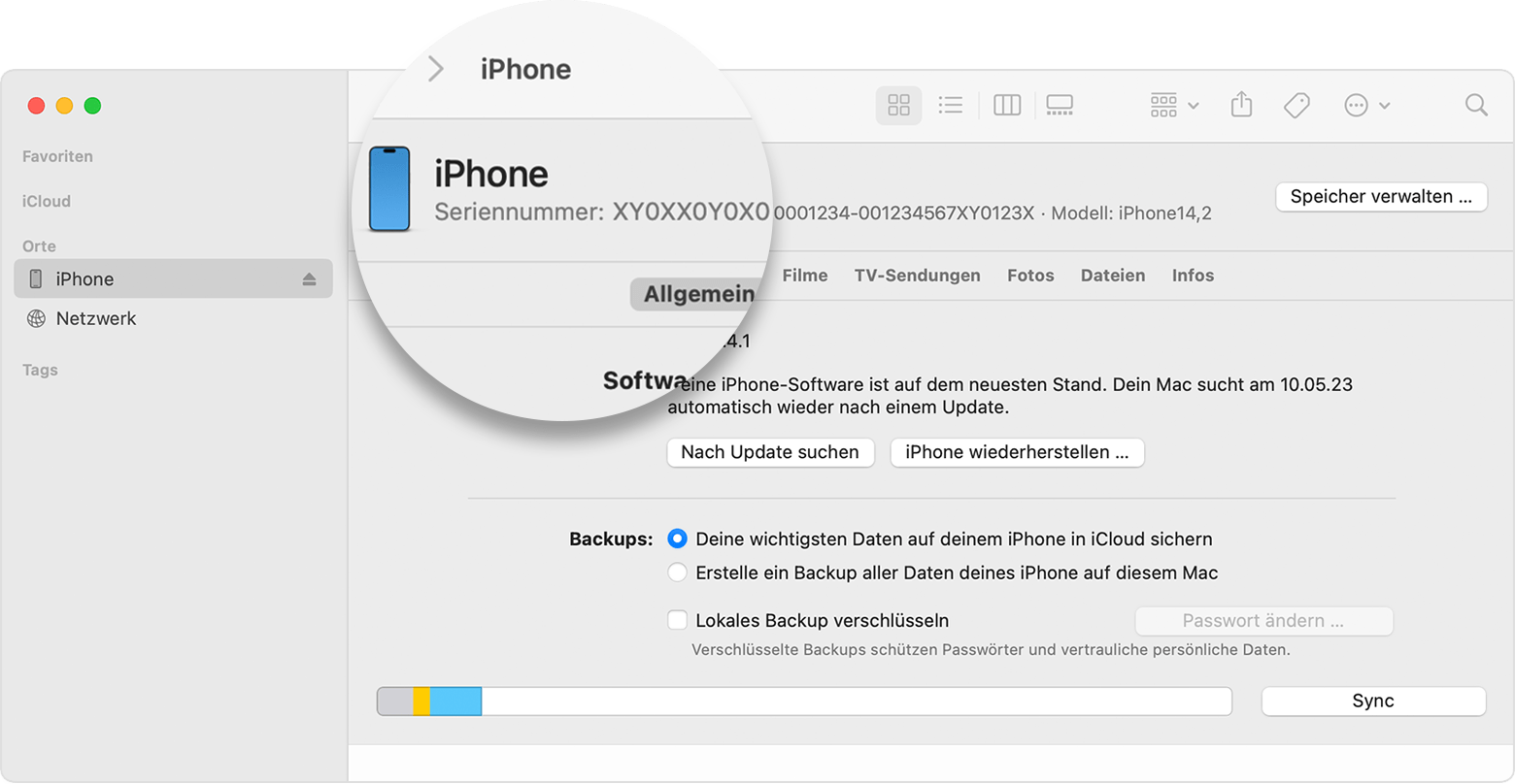 Bildschirmfoto des Finder-Fensters mit der iPhone-Seriennummer
