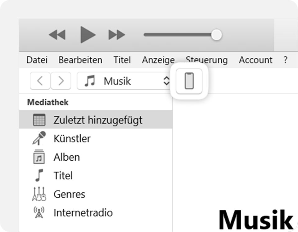 Das iTunes-Fenster mit einem Symbol deines verbundenen Geräts in der oberen rechten Ecke