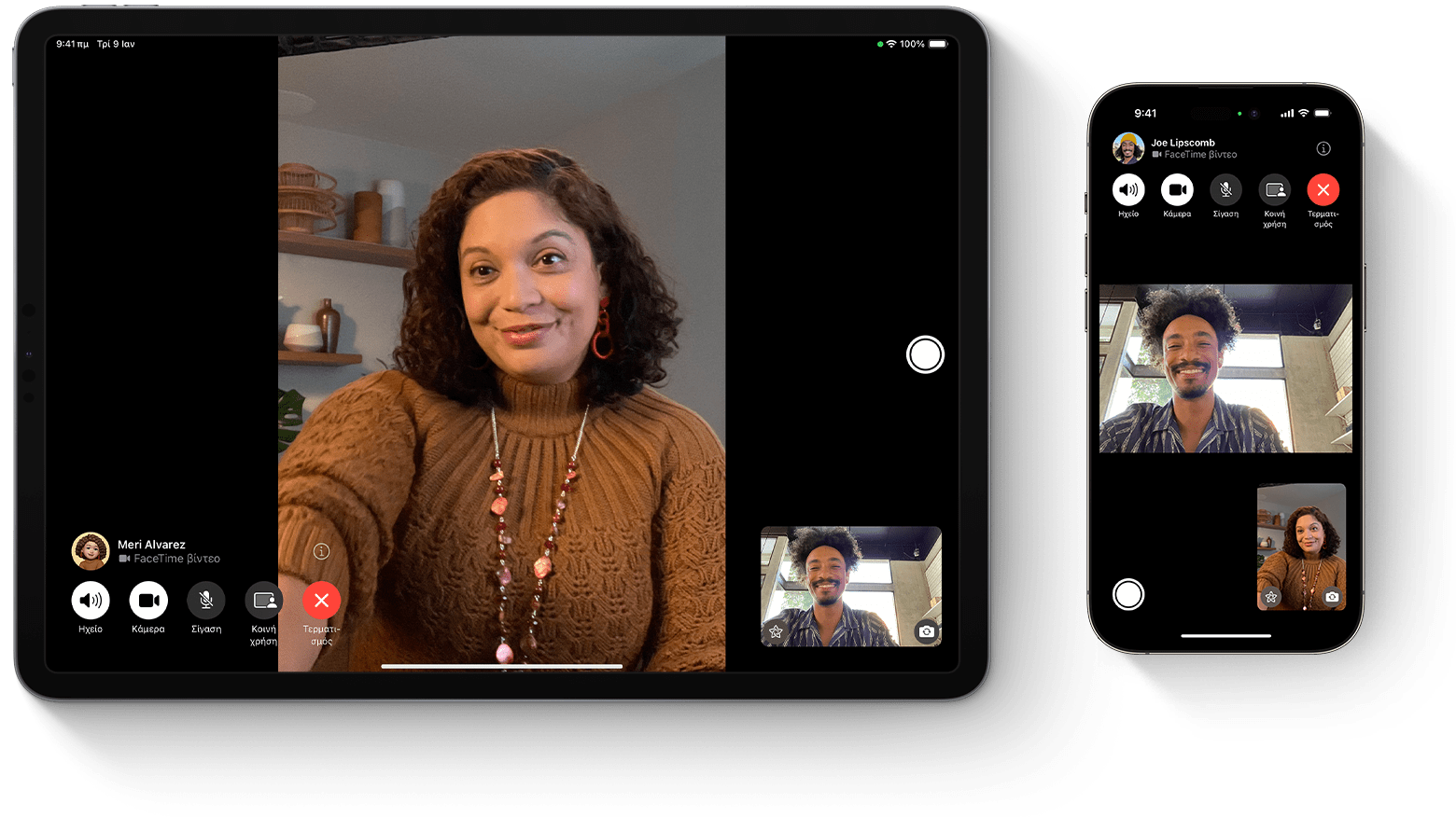 Ενα iPad και ένα iPhone που εμφανίζουν κλήσεις FaceTime, όπου οι συμμετέχοντες συνομιλούν μεταξύ τους μέσω βίντεο.