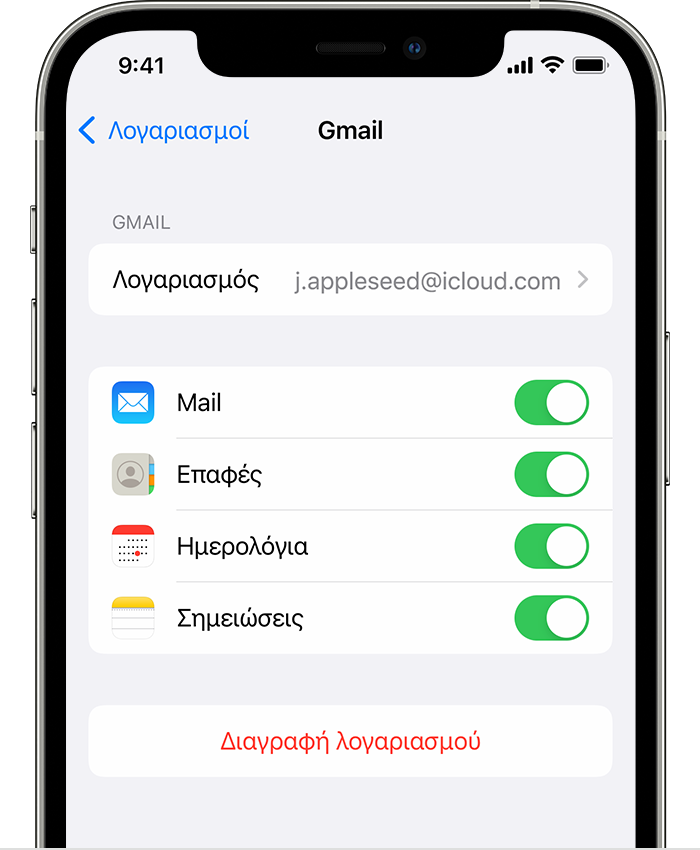 Ένα iPhone στο οποίο εμφανίζονται οι ρυθμίσεις για έναν συνδεδεμένο λογαριασμό Gmail στις Ρυθμίσεις > Mail > Λογαριασμοί > Gmail.