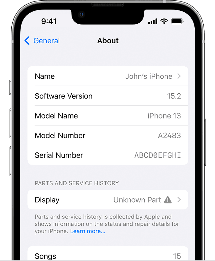 iOS 15, iPhone 13 Pro, settings, general, about parts, unkown part