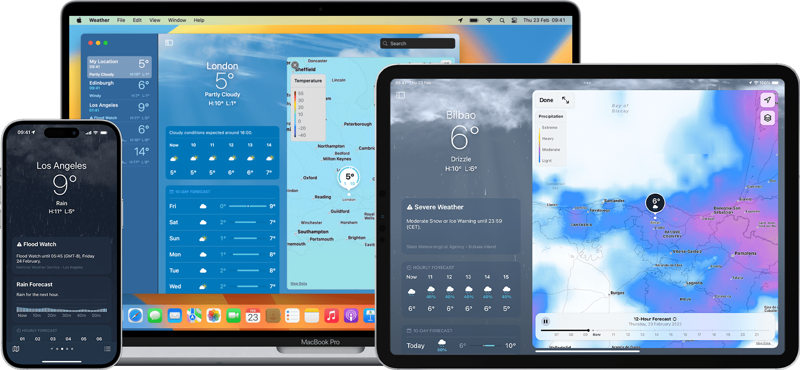 Apple devices showing forecasts, maps and air quality index