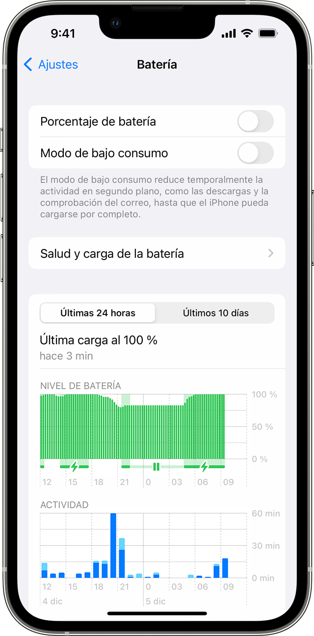 iPhone con la pantalla Batería en Ajustes