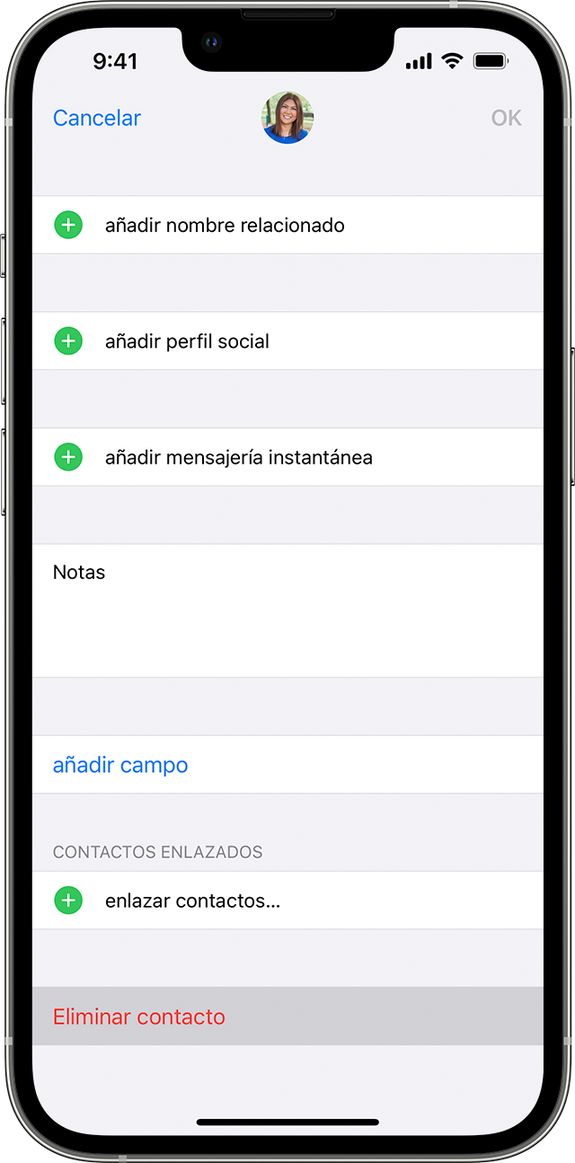 La pantalla de una iPhone que muestra la opción de eliminar un contacto