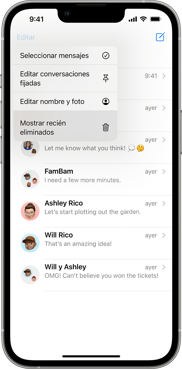 En la página de conversaciones de Mensajes, toca Edición para encontrar la opción de mostrar los mensajes eliminados recientemente.