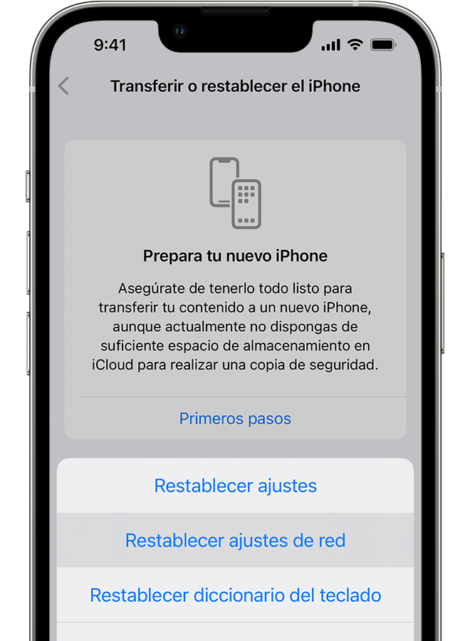 iPhone que muestra la pantalla Transferir o restablecer el iPhone. 