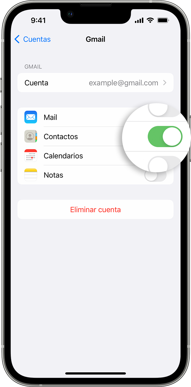 La pantalla de un iPhone que muestra cómo activar Contactos para tu cuenta de Gmail