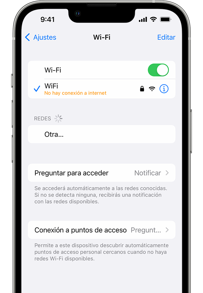 iPhone que muestra la pantalla de Wi-Fi. Hay un mensaje de alerta debajo del nombre de la red wifi.