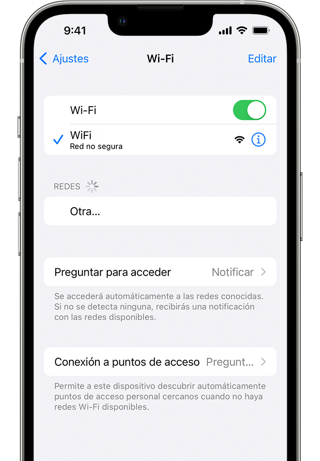 iPhone que muestra la pantalla de Wi-Fi. Hay una marca de verificación azul junto al nombre de la red wifi.