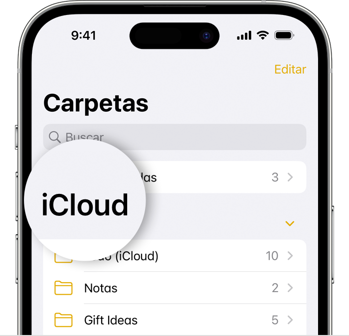 iPhone que muestra la pantalla Carpetas en la app Notas con la carpeta iCloud resaltada