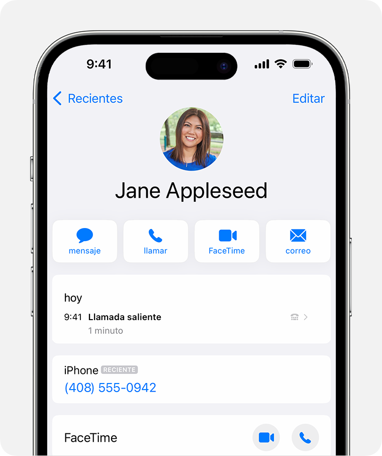 Pantalla del iPhone con el historial de llamadas de un contacto