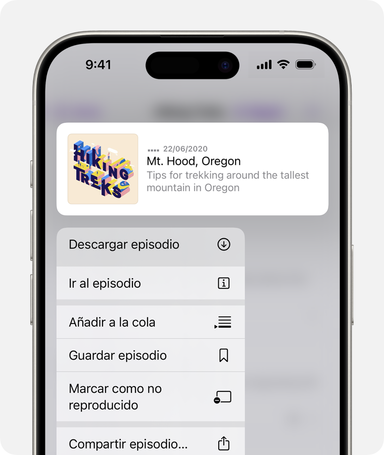 La opción Descargar episodio en un iPhone.