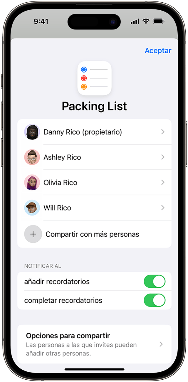 En el iPhone puedes compartir una lista de recordatorios con tus contactos y cambiar las notificaciones automáticas a través de las opciones de Gestionar lista compartida.