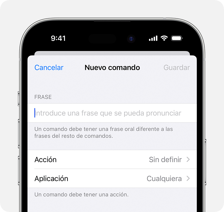 Un iPhone que muestra la configuración Nuevo comando, donde puedes introducir una frase personalizada.