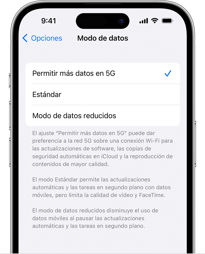 La imagen muestra los ajustes del modo de datos.