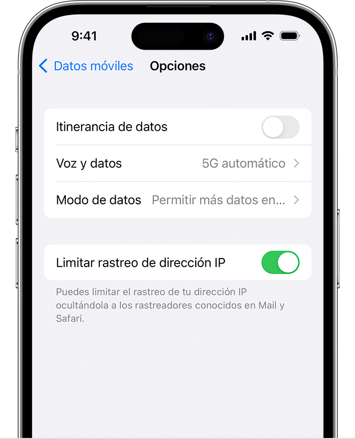 Captura de pantalla que muestra las opciones de datos móviles