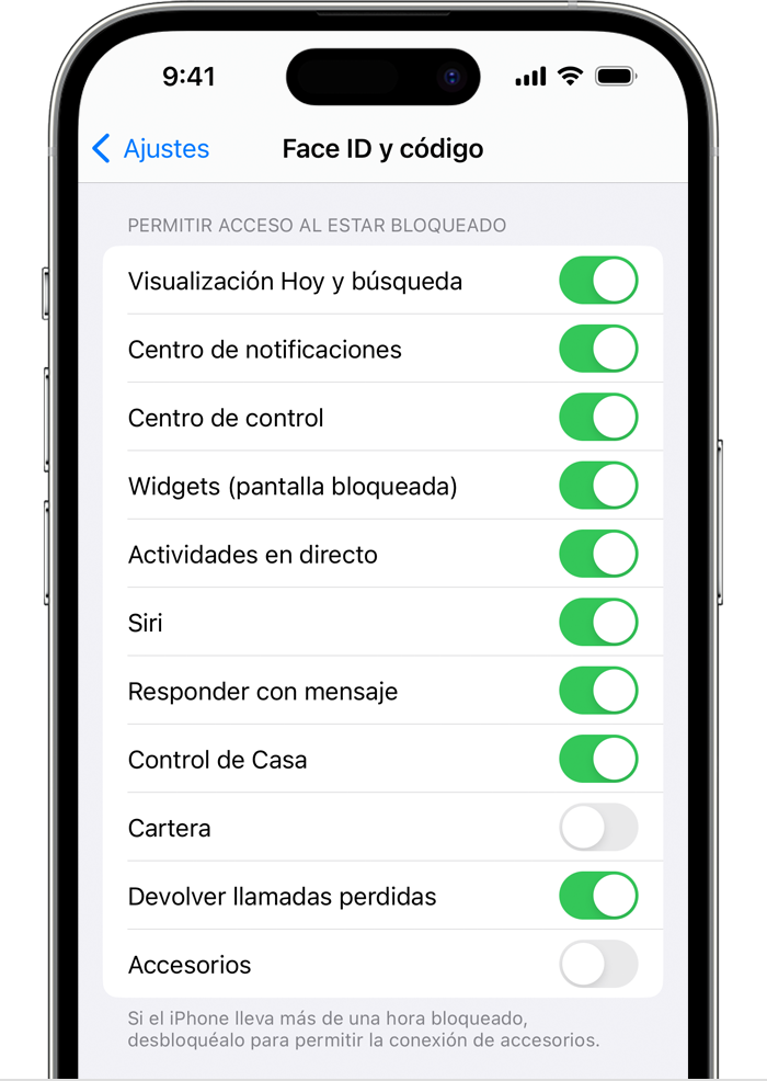 En Ajustes del iPhone, en Face ID y código, la opción Permitir acceso al estar bloqueado está desactivada de forma predeterminada para Accesorios