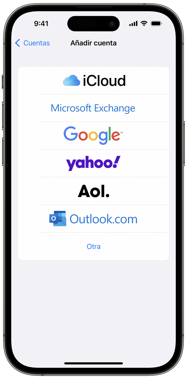 Puedes añadir cuentas de Gmail, Outlook u otras cuentas de correo electrónico al iPhone en Ajustes > Mail > Cuentas.
