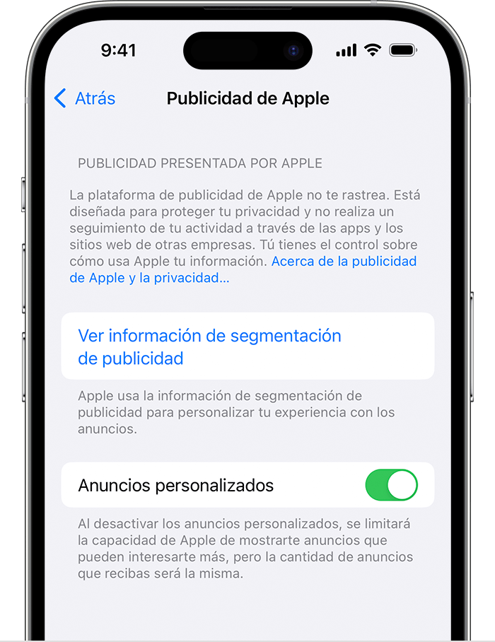 En los ajustes de Publicidad de Apple, desactiva la opción Anuncios personalizados