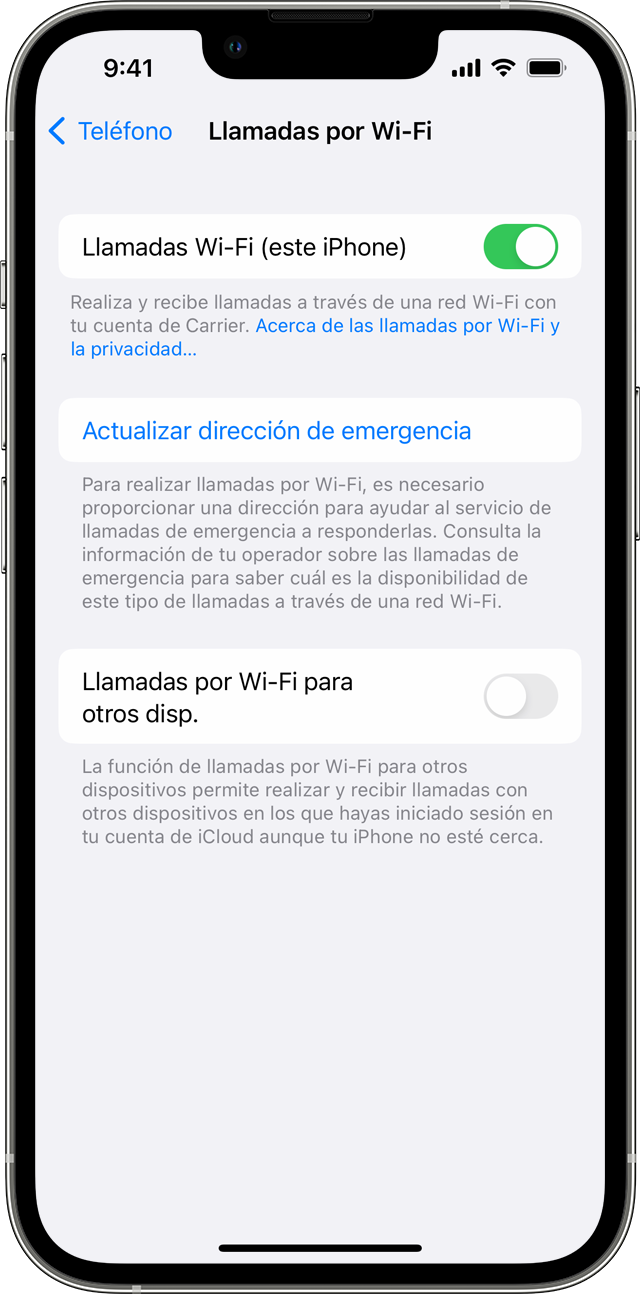 Un iPhone que muestra la pantalla de Llamadas por Wi-Fi, con la opción Llamadas Wi-Fi (este iPhone) activada.