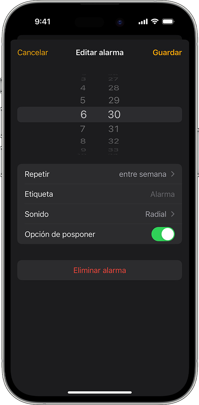 Edita una alarma en el iPhone desde la app Reloj.
