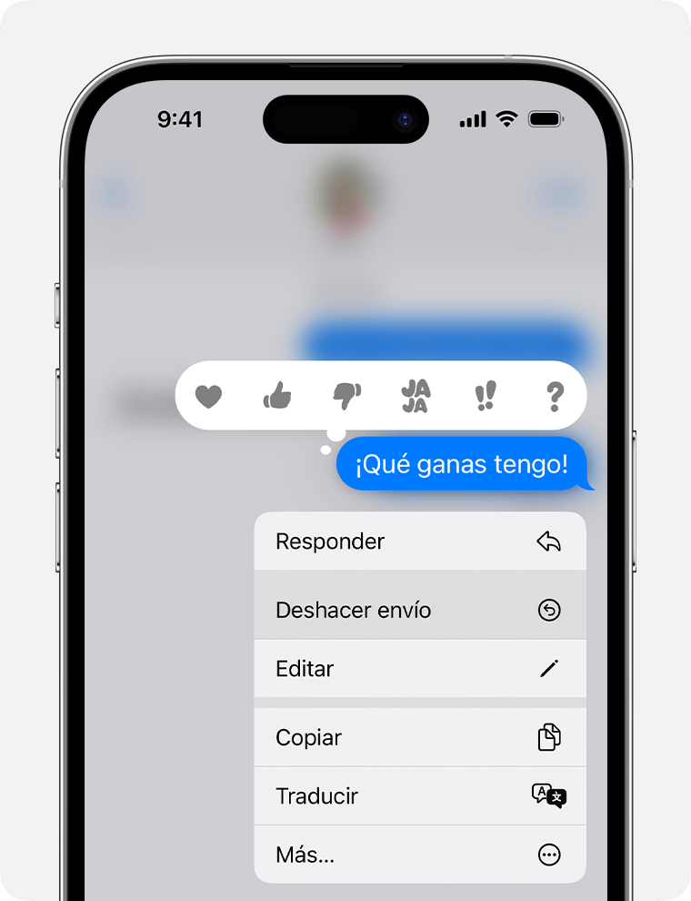 Mantén pulsado un mensaje en iOS 16 o versiones posteriores para ver la opción Deshacer envío.