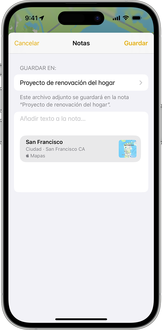 iPhone que muestra cómo añadir un archivo adjunto en la app Notas.