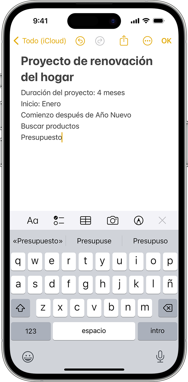 iPhone que muestra cómo crear una nota en la app Notas.