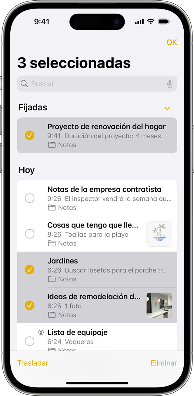iPhone que muestra cómo mover una nota a una carpeta diferente en la app Notas.