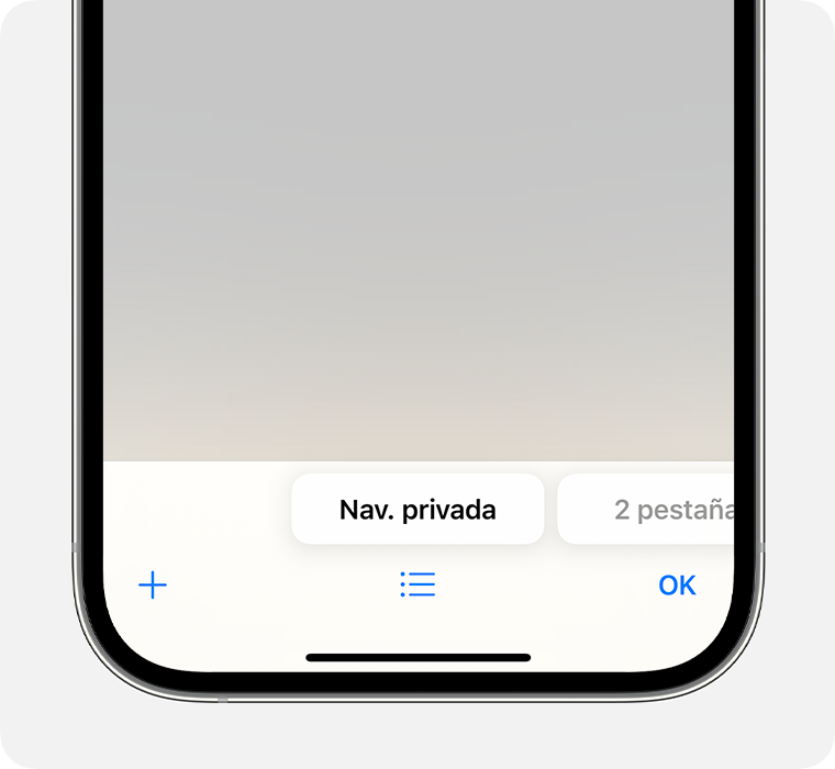Un iPhone que muestra la app Safari con el grupo de pestañas Nav. privada seleccionado.